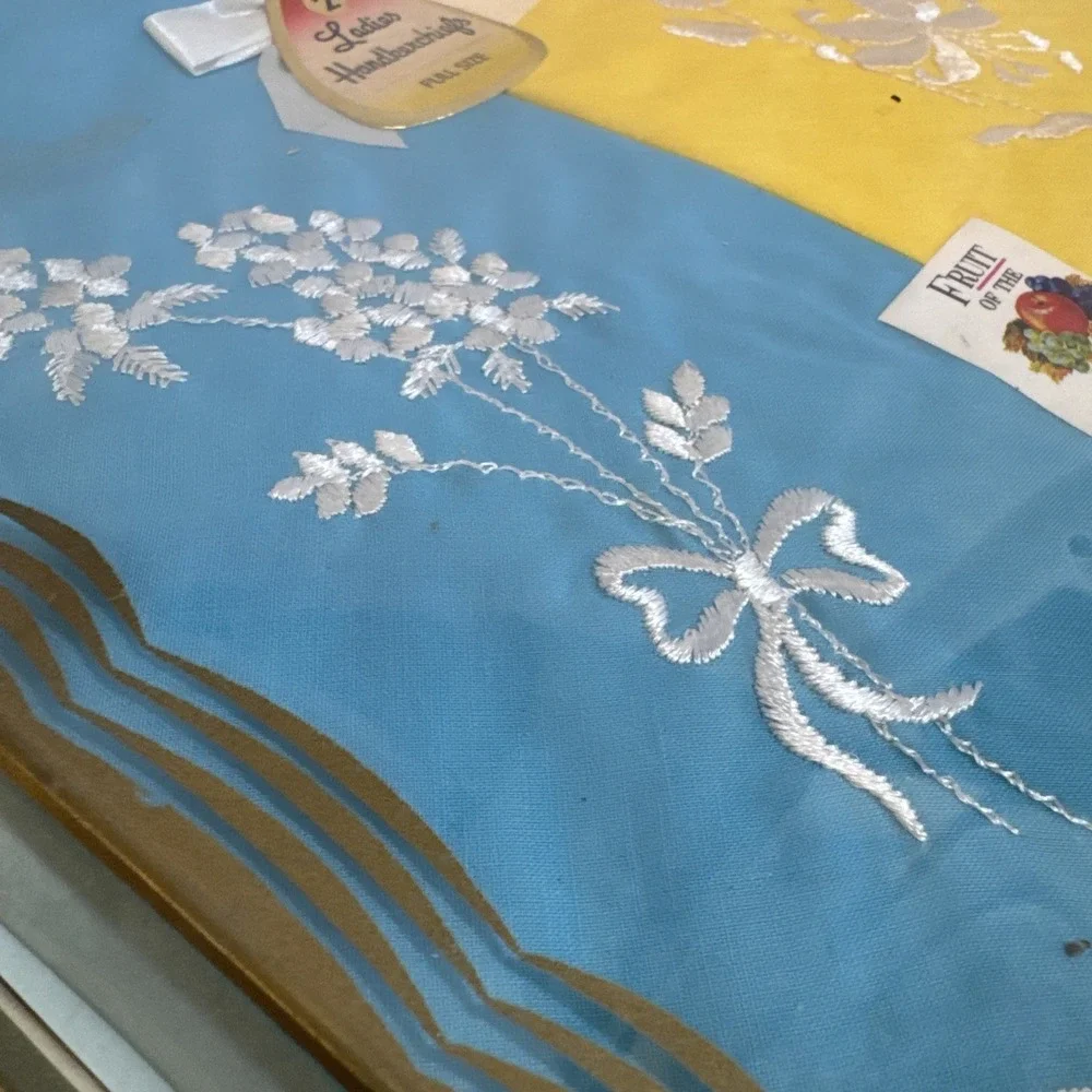 Vintage Fruit of the Loom Embroidered Cotton Handkerchiefs‎ 2 Pack Blue Yellow